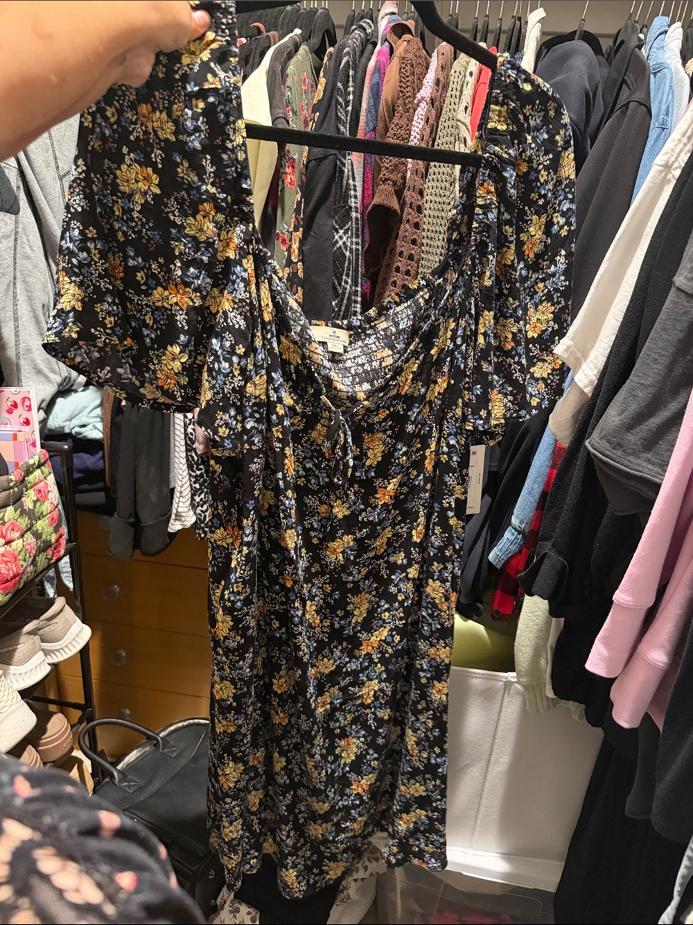 Rip Curl Black Floral Midi Dress with Yellow & White Blooms